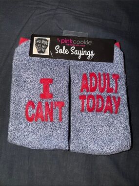 Pink Cookie Navy Crew Socks with Red 'I CAN'T ADULT TODAY' Text as Grip